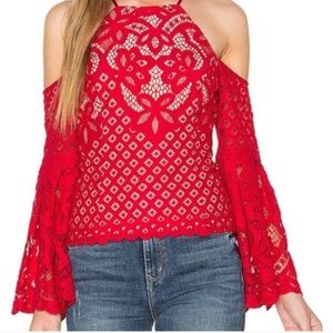 Bardot Mila Lace Top, Vivid Red Open Shoulder